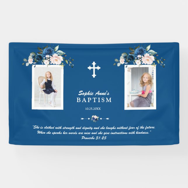 Banderoles Elégant Rose Gold Floral Baptism Girl Photo (Horizontal)