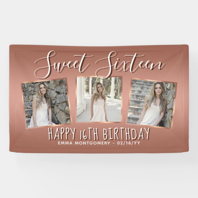 Banderoles Elégant Rose Gold Foil photo Collage 16e anniversa (Horizontal)