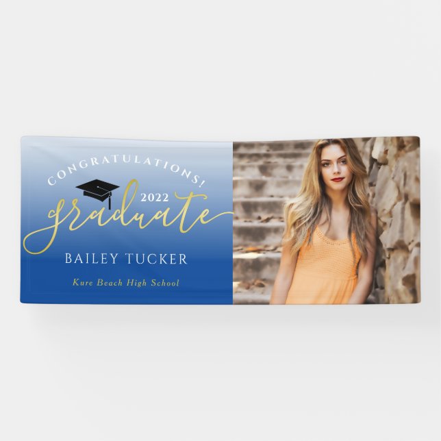 Banderoles Élégant Script Gold Blue Graduation Faire-part (Horizontal)
