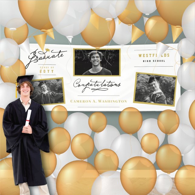 Banderoles Élégant Script Graduate 3 Photo Graduate Party (Stylish Handwriting Script Graduate 3 Photo Graduation Party Banner @ www.zazzle.com/color_therapy)