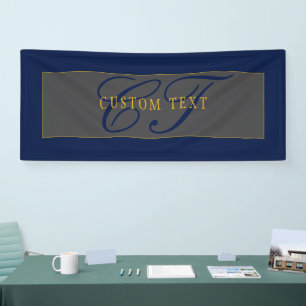 Banderoles Élégant Script Monogram Dark Navy Blue Grey & Gold