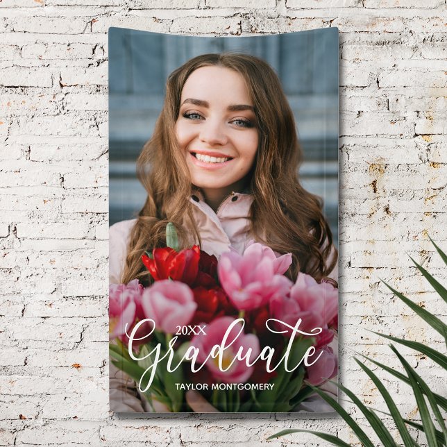 Banderoles Elegant Script Photo Graduation Party (Elegant white script photo graduation party banner)