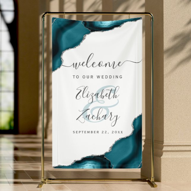 Banderoles Elegant Teal Blue Silver Agate Wedding Welcome (Créateur téléchargé)