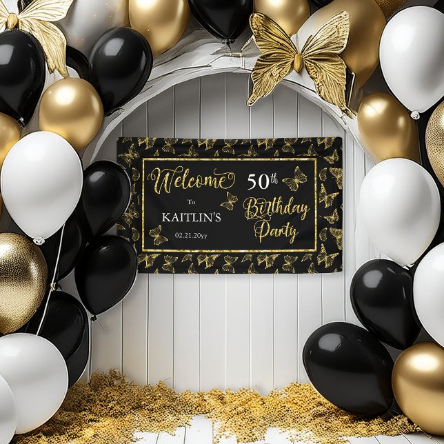 Banderoles Elégante Black Gold Butterflies 50e fête d'anniver (Elegant Black and Faux Gold Glitter Butterflies 50th Birthday Party Banner)
