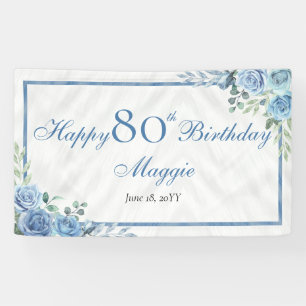 Banderoles Elégante Blue Rose Floral Frame 80e Anniversaire