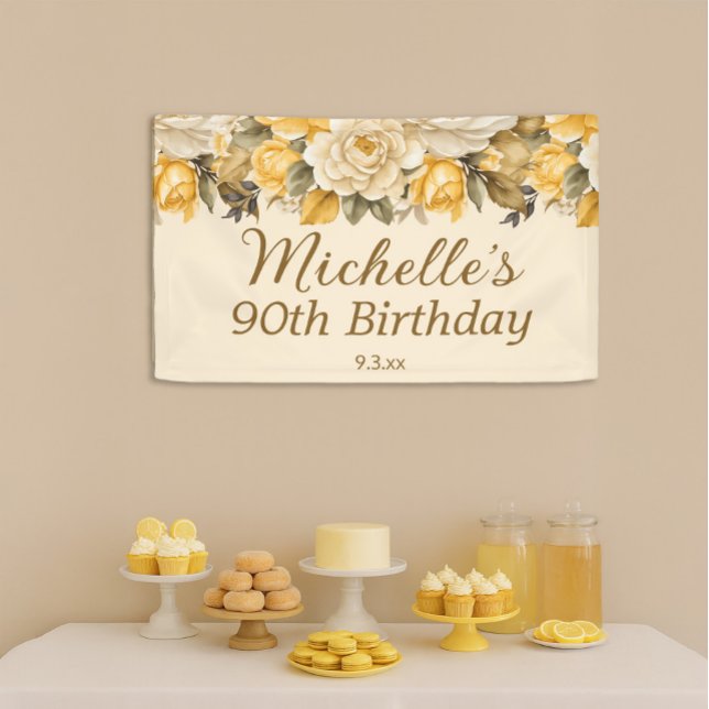 Banderoles Elégante Crème d'ivoire jaune Floral 90e anniversa (Yellow and cream-colored floral 90th birthday party banner)