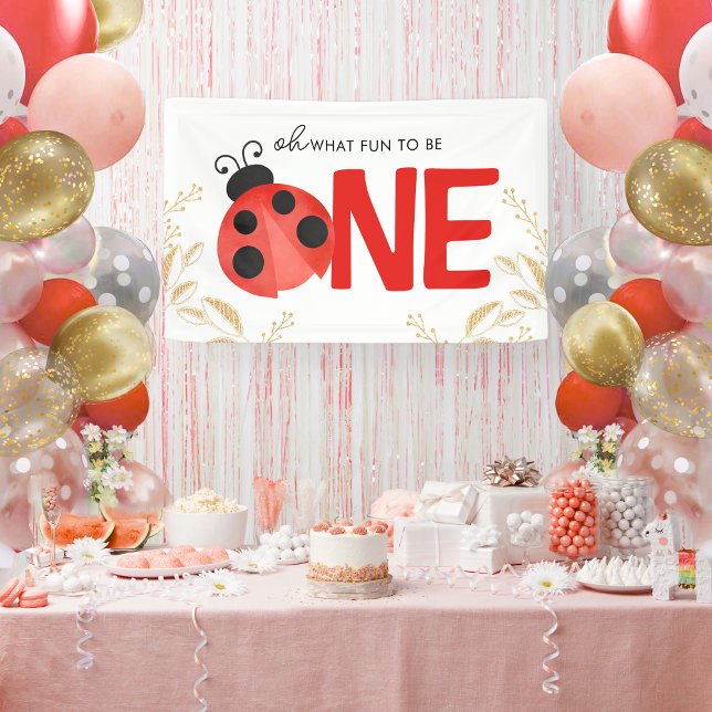 Banderoles Elégante Gold & Aquarelle Ladybug ONE Party (Oh What Fun to Be One Watercolor Ladybug Hanging Vinyl 1st Birthday Banner With Gold Glitter Accents)