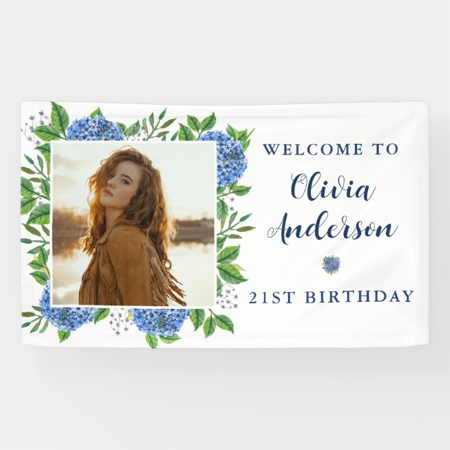 Banderoles Elégante Hydrangea Photo personnalisée 21e fête d' (Horizontal)