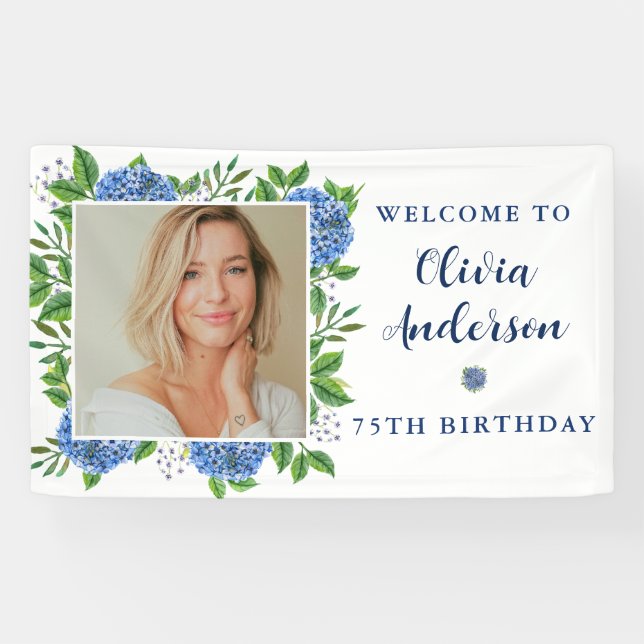 Banderoles Elégante Hydrangea Photo personnalisée 75e fête d' (Horizontal)