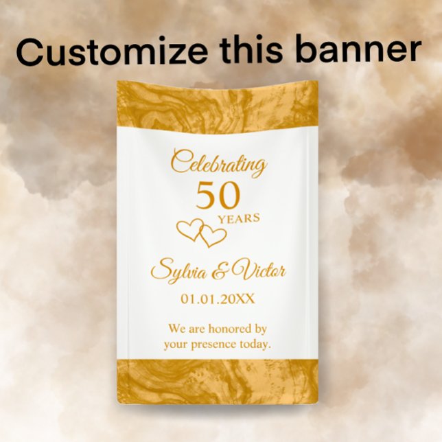 Banderoles Élégante Soirée 50e Anniversaire Simple Custom Gol (Customize this simple elegant golden script 50th anniversary party banner with couple’s names.)