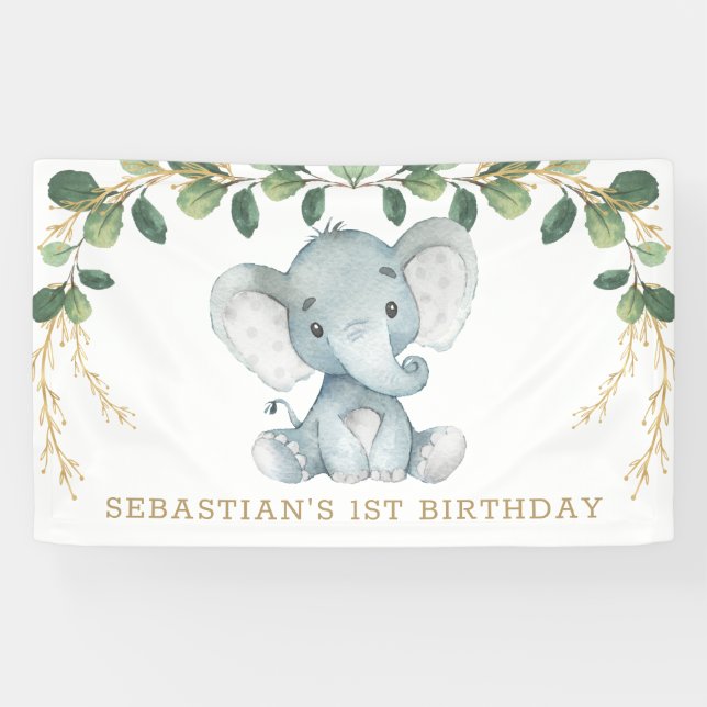 Banderoles Elégante verdure Gold Elephant 1er anniversaire fê (Horizontal)