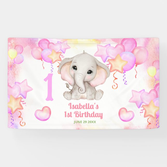 Banderoles Élément éléphant mignon couleur d'été Fille 1er an (Horizontal)