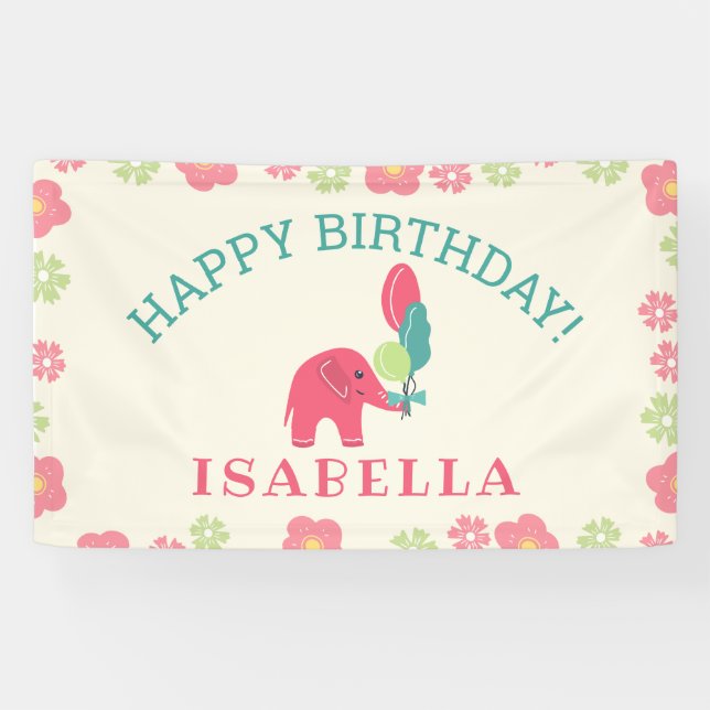 Banderoles Eléphant avec Ballons Filles Anniversaire (Horizontal)