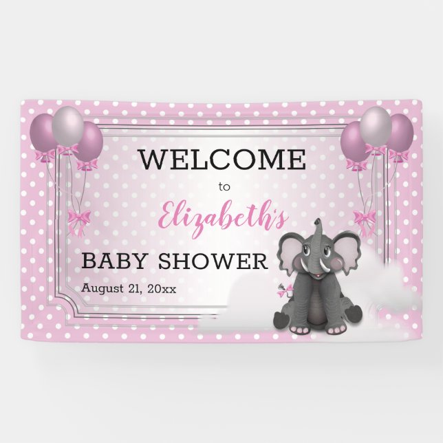 Banderoles Eléphant | Ballons | Baby shower rose fille points (Horizontal)