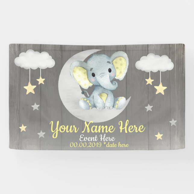 Banderoles Elephant Boy Backdrop Moon Stars Nom Jaune (Horizontal)