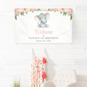 Banderoles Éléphant, Fleurs Roses, Bienvenue pour le Premier
