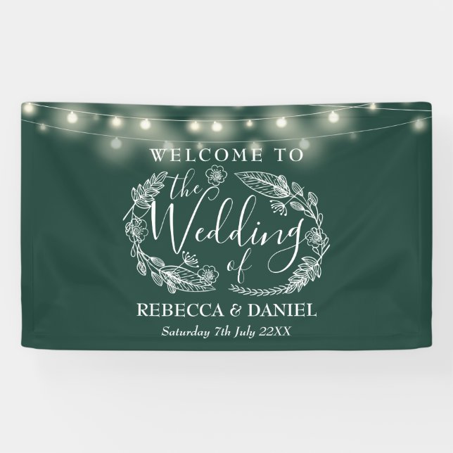 Banderoles Emerald Green Floral Garland Script Mariage (Horizontal)