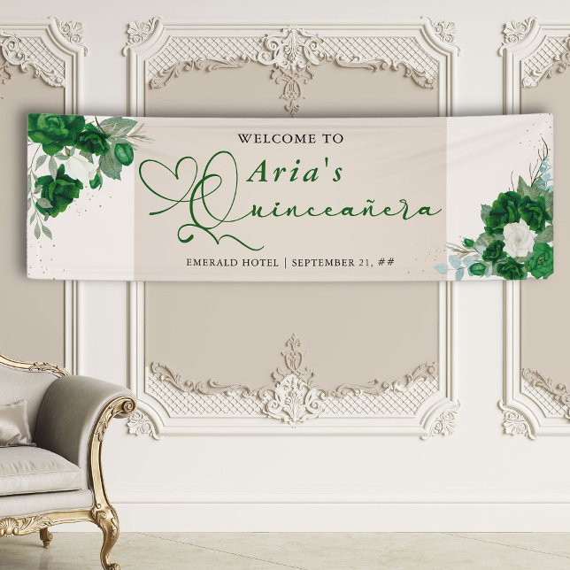 Banderoles Emerald Green Roses Floral Quinceanera Bienvenue (Quinceanera Banner from the Royal Rose Emerald Green Quinceanera Collection by Darling & May)