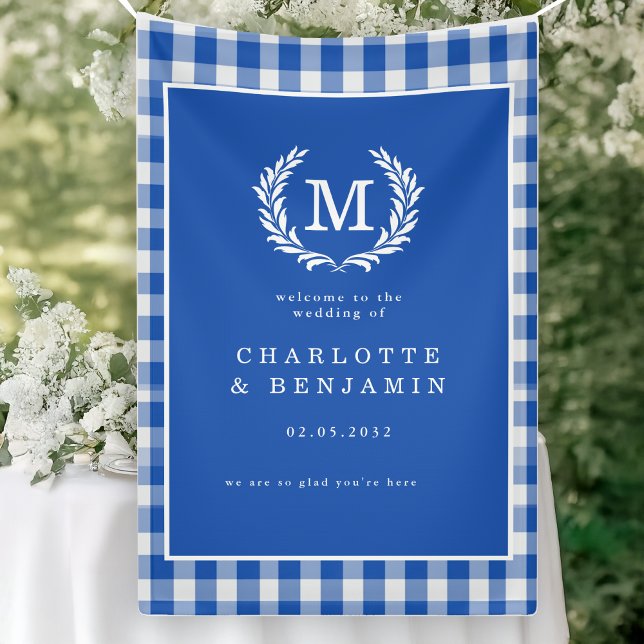 Banderoles En vichy bleu Monogram Crest Mariage Bienvenue (Blue Gingham Monogram Crest Wedding Welcome Banner)