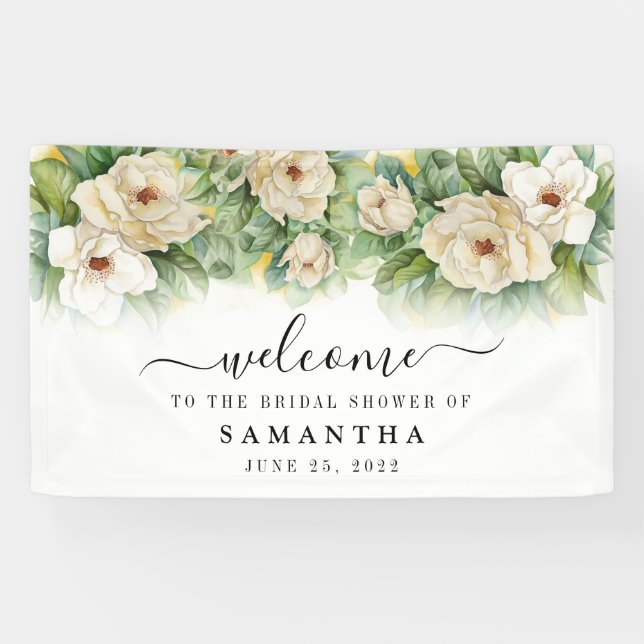 Banderoles Enseigne de bienvenue florale mariage blanc Magnol (Horizontal)