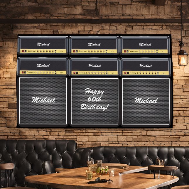 Banderoles Epic Classic Rock Guitar Amp Stack 60e anniversair (Epic 80's rock music themed birthday party banner: Classic guitar amp stack black white gold + name)