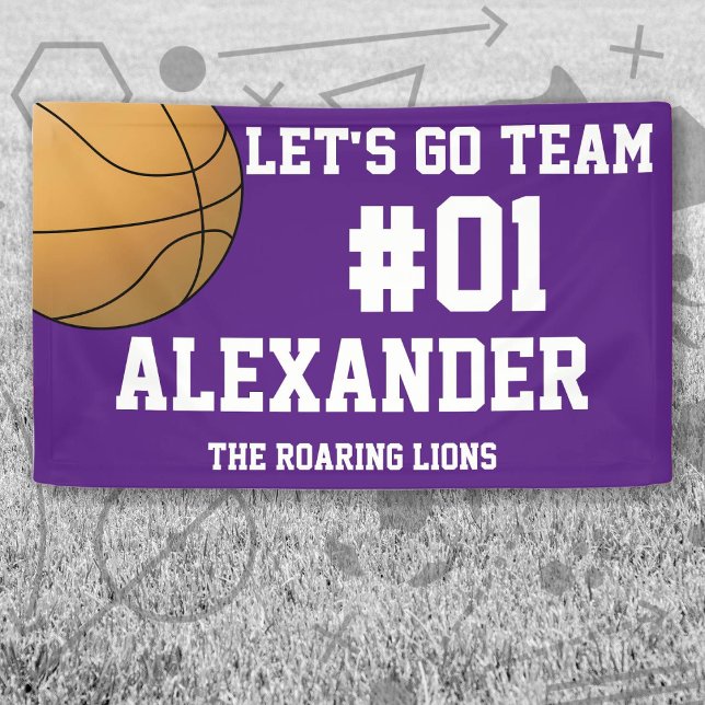 Banderoles Esprit de l'équipe de basket-ball blanc violet (Purple and White Baseball Let's Go Team Banner. Celebrate your high school or college athlete.)