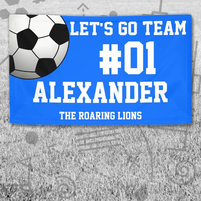 Banderoles Esprit de l'équipe de football blanc bleu (Blue and White Soccer Let's Go Team Banner. Celebrate your high school or college athlete.)
