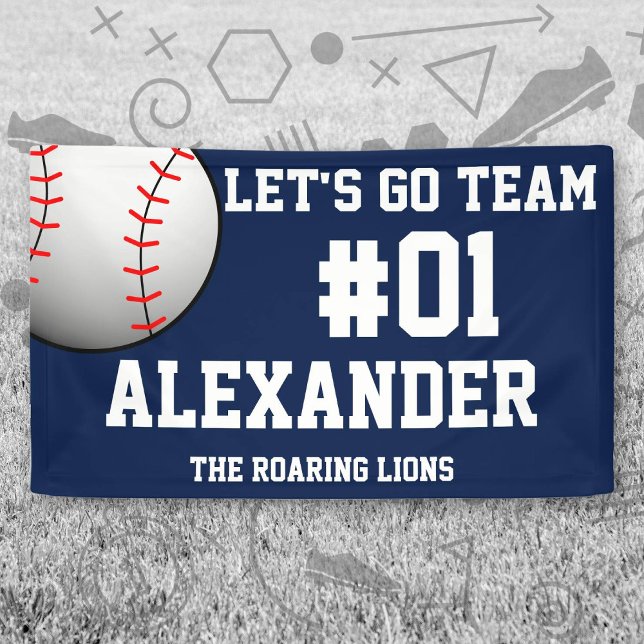 Banderoles Esprit d'équipe de baseball blanc marine (Navy and White Baseball Let's Go Team Banner. Celebrate your high school or college athlete.)