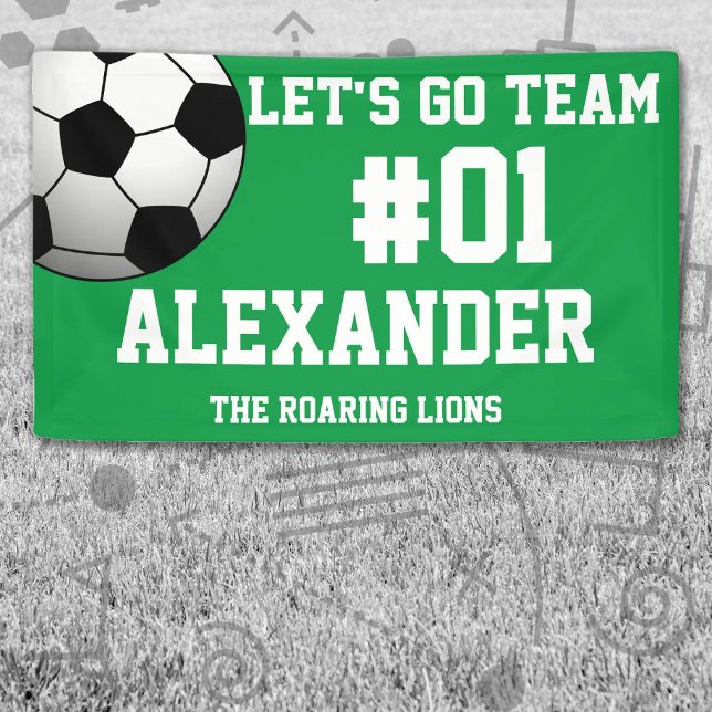 Banderoles Esprit d'équipe de football Vert Blanc (Green and White Soccer Let's Go Team Banner. Celebrate your high school or college athlete.)