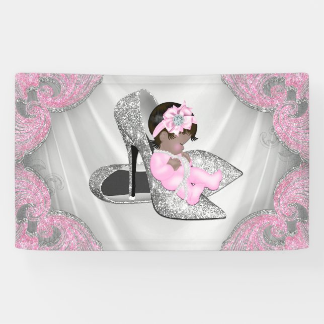 Banderoles Ethnic Girl rose argent haut talon Baby shower de  (Horizontal)