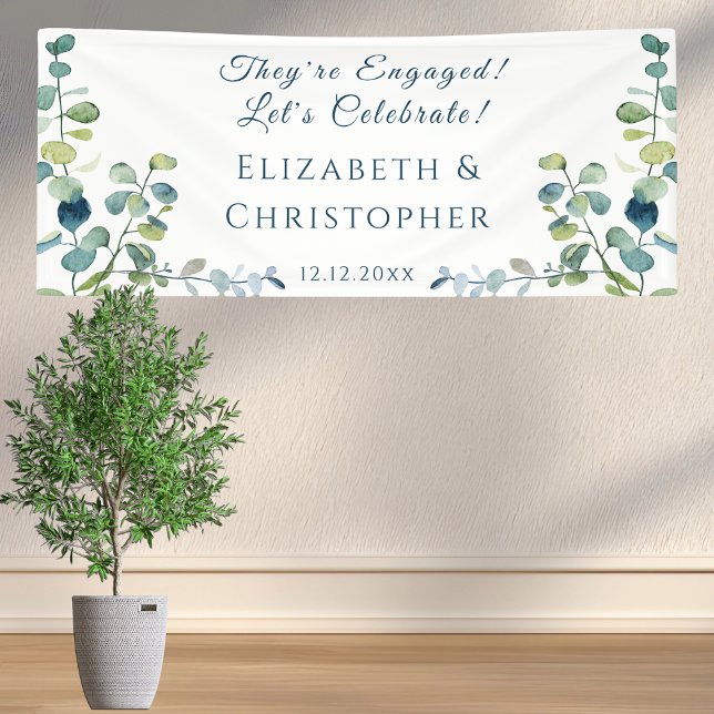 Banderoles Eucalyptus They're Engaged Party (Elegant eucalyptus engagement banner with modern script and personalized monogram details.)