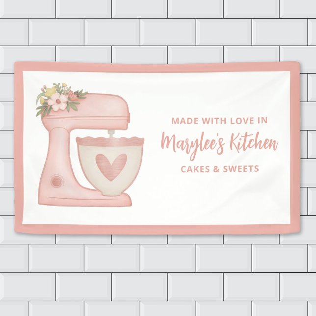 Banderoles Fabriqué Avec Amour Boulangerie Pâtisserie Bannièr (Cute pink Bakery banner featuring a stand mixer with flowers)
