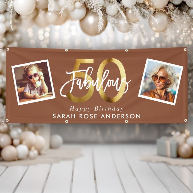 Banderoles Fabulous 50th Happy Birthday Photo Terracotta Gold (Créateur téléchargé)