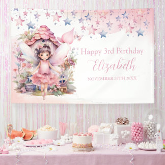 Banderoles Fairy pink forest Happy Birthday backdrop banner
