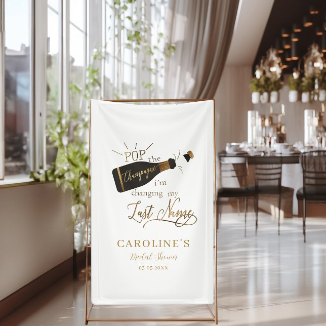 Banderoles Faites sauter le champagne, je change de nom de fa ("Pop the champagne, i´m changing my last name!" White, Bridal Shower Banner.)