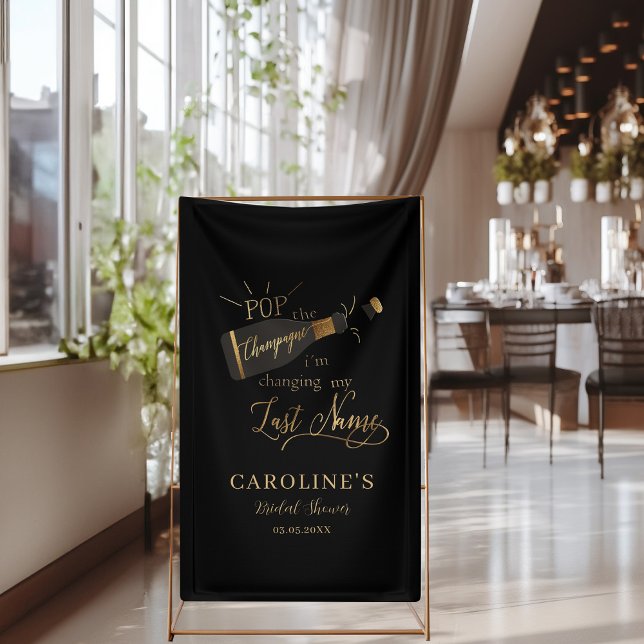 Banderoles Faites sauter le champagne, je change de nom de fa ("Pop the champagne, i´m changing my last name!" Black & Gold, Bridal Shower Banner.)