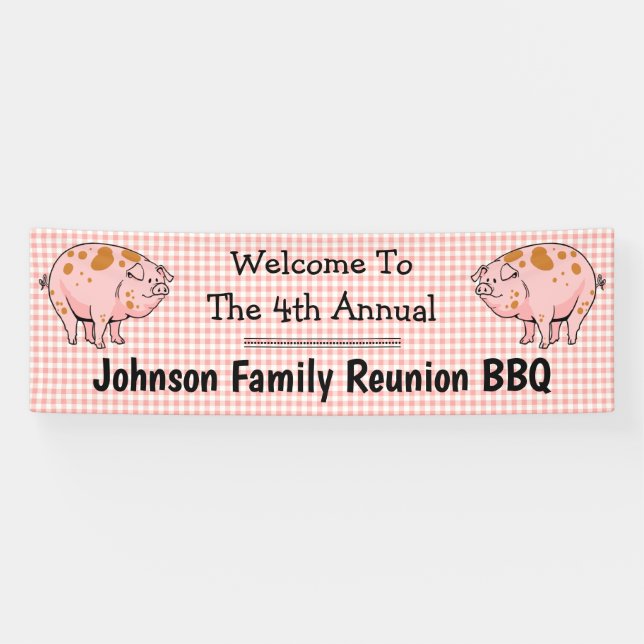 Banderoles Famille Réunion Pig BBQ Party Welcome Red Check (Horizontal)