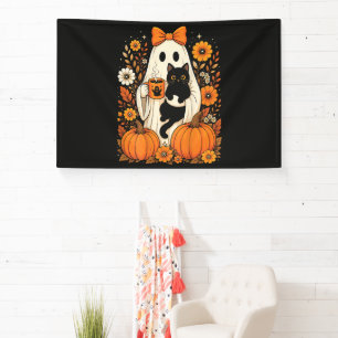 Banderoles Fantôme groovy d'Halloween tenant un chat noir flo