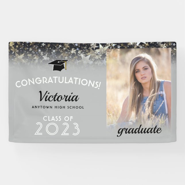 Banderoles Félicitations 2023 Graduate Silver & Gold Photo (Horizontal)
