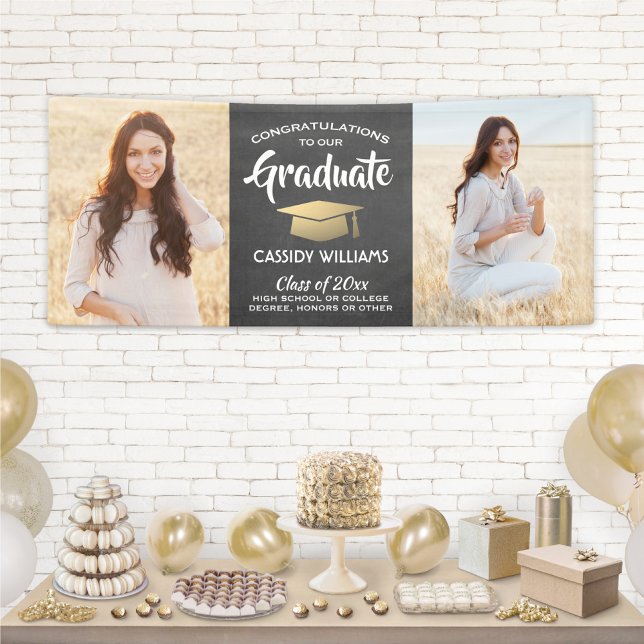 Banderoles Félicitations 2 Photo Chalkboard Black Gold Gradua (Créateur téléchargé)
