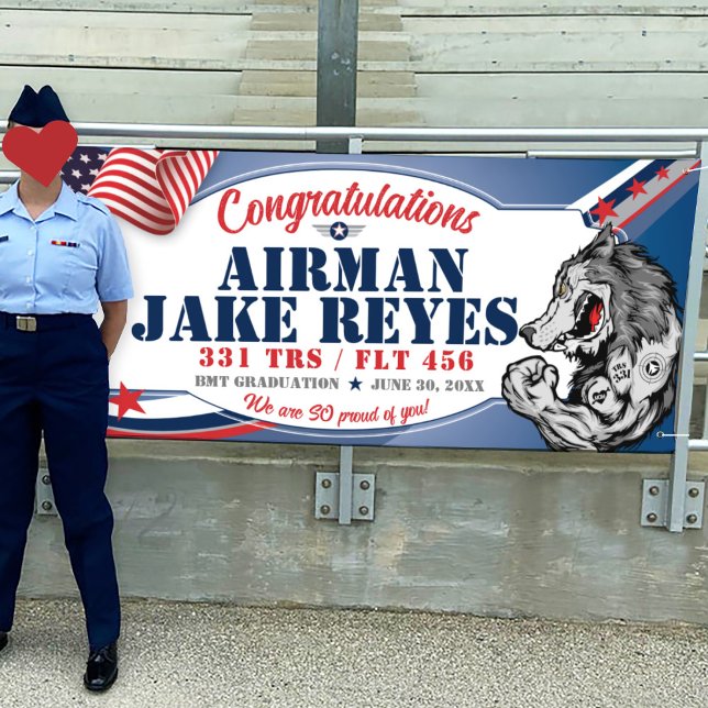 Banderoles Félicitations 331 Wolfpack Air Force Graduation (Air Force, Graduation Vinyl Banner, 331 TRS Wolfpack mascot, BMT Basic Training, Airman Graduation)