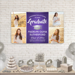 Banderoles Félicitations 4 Photo Purple White & Silver Gradua