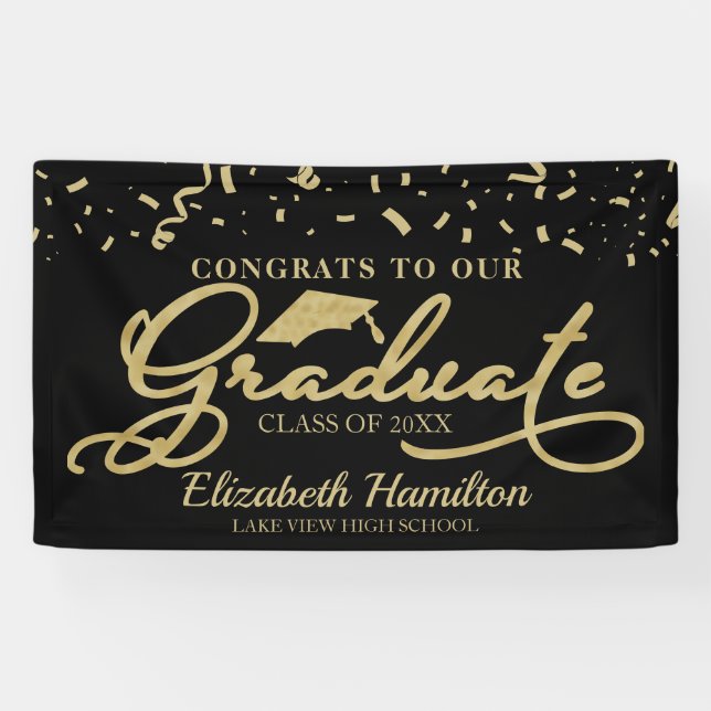 Banderoles Félicitations Aux Diplômés D'Or Et De Noir (Horizontal)
