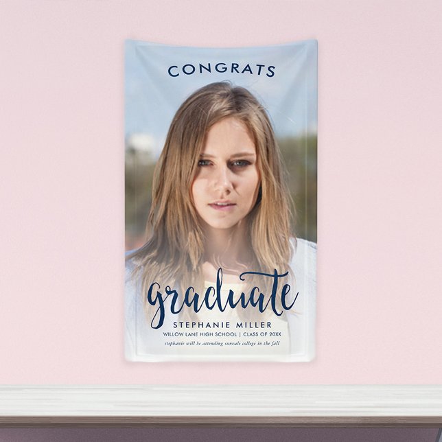 Banderoles Félicitations Bleu Script Photo Graduation (Créateur téléchargé)