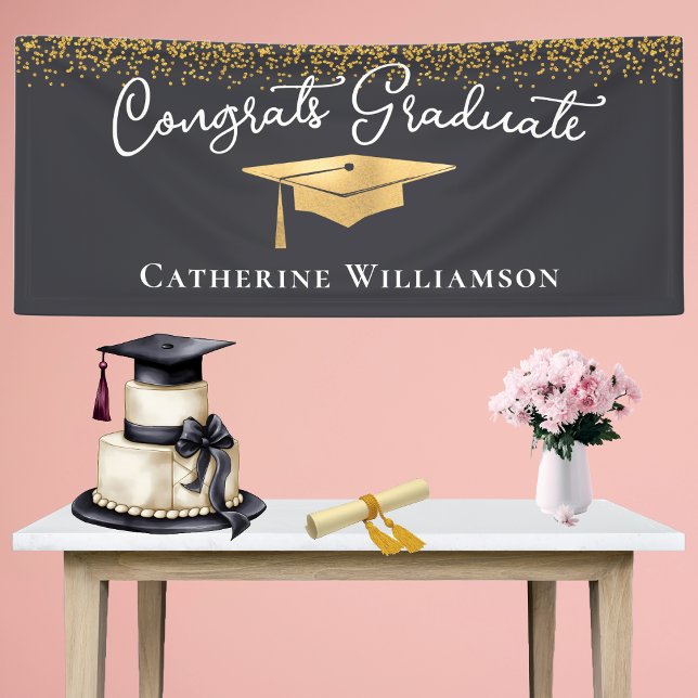 Banderoles Félicitations Custom Elegant Gold Graduate (Elegant Gold Graduation Cap Congratulations Graduation Party Banner)