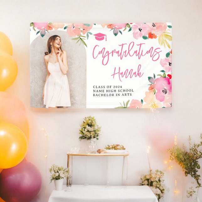 Banderoles Félicitations de graduation fleurie du jardin boho (Spring pink boho garden floral graduation congrats banner)