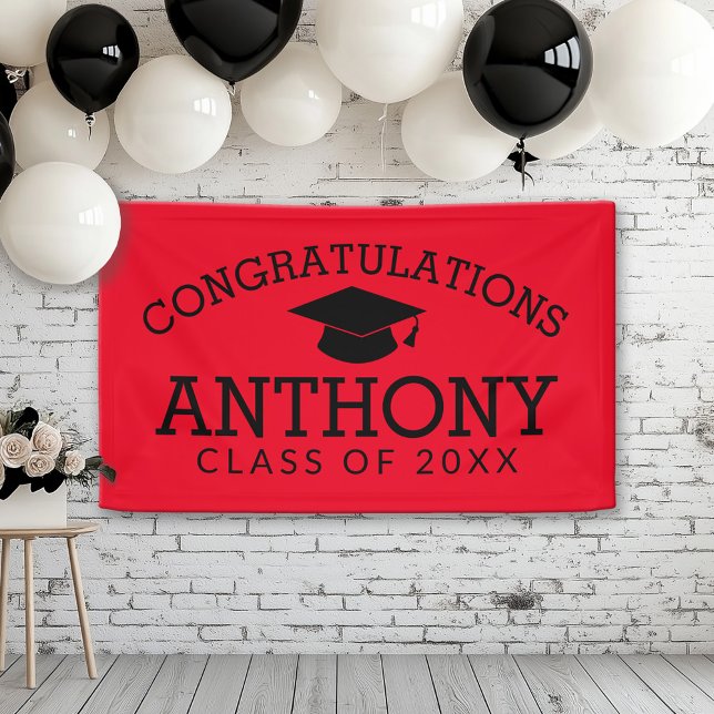 Banderoles Félicitations Diplômé Cap rouge noir (Custom Graduation Banner for a Grad Party or Open House)