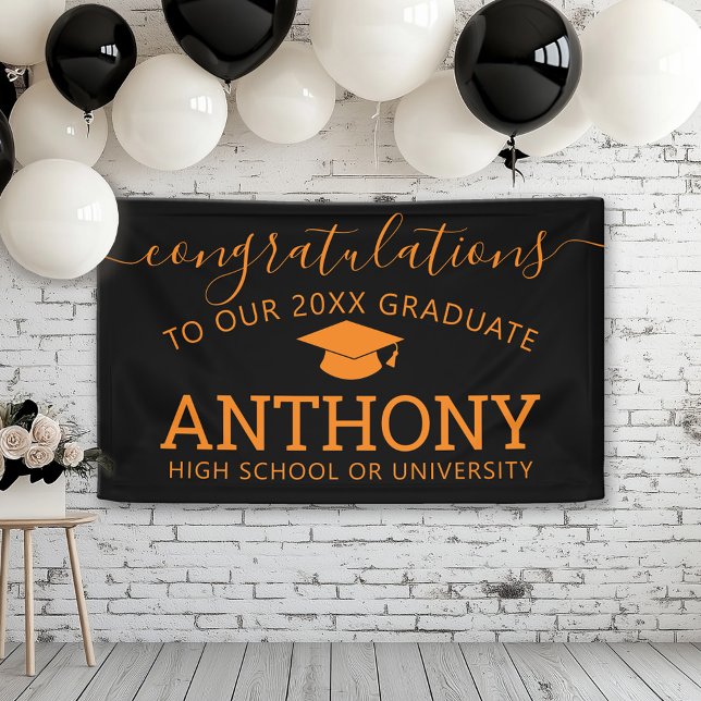 Banderoles Félicitations Diplômé noir orange casquette virtue (Custom Graduation Banner for a Grad Party or Open House)