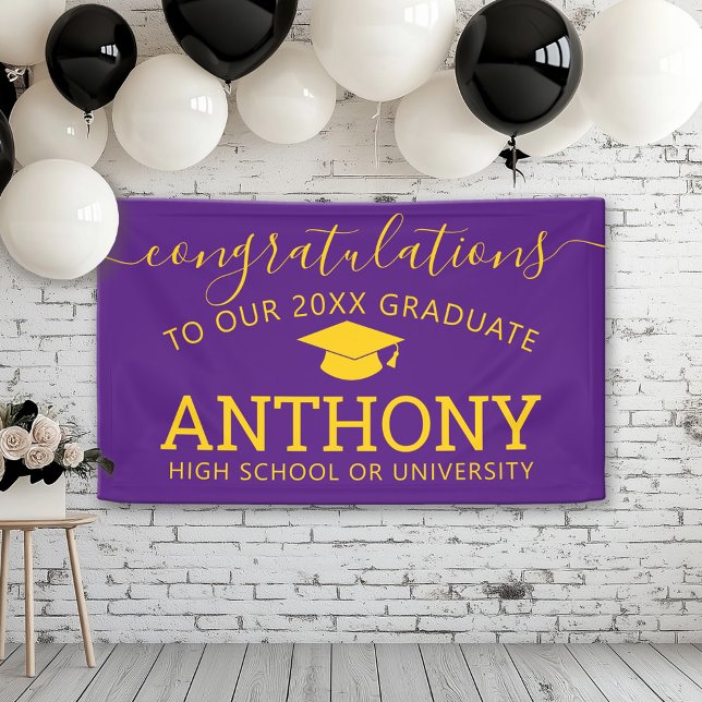 Banderoles Félicitations diplômé or violet virtuel (Custom Graduation Banner for a Grad Party or Open House)
