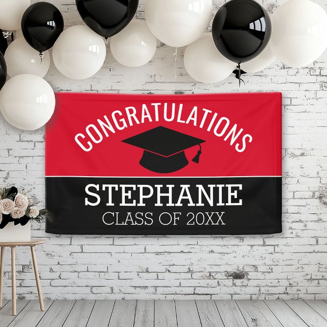 Banderoles Félicitations Diplômé - Red Black Graduation (Custom Graduation Banner for a Grad Party or Open House)